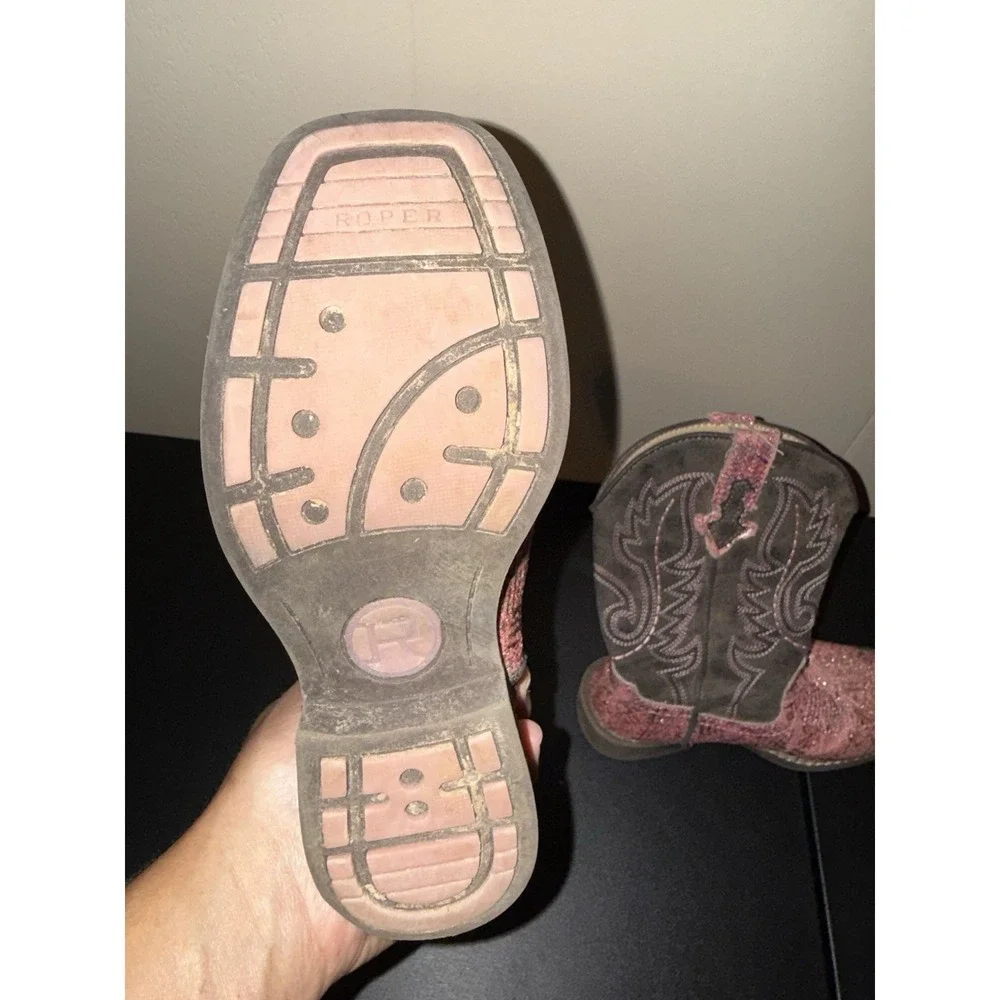 Roper Girls Pink Glitter Western Cowgirl Boots Brown Square Toe Pull On